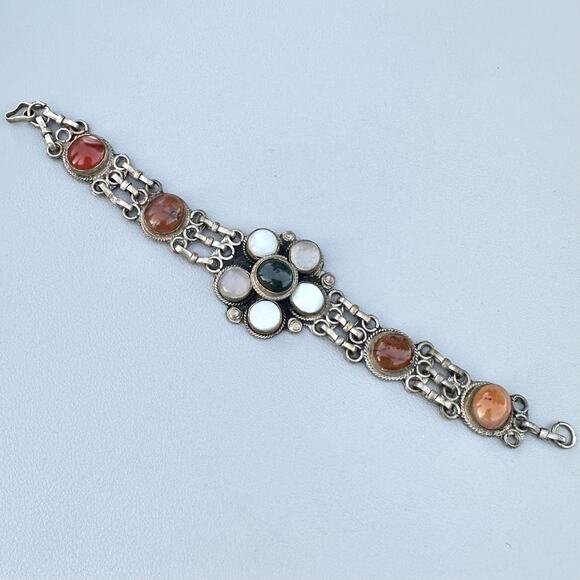 Vintage Boho Etruscan Revival Style Bracelet Agate Gems Cabs Silver Tone Ethnic - Picture 1 of 8